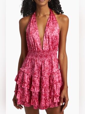 LoveShackFancy Quintelle Floral-Bow Print Ruffle Halter Minidress